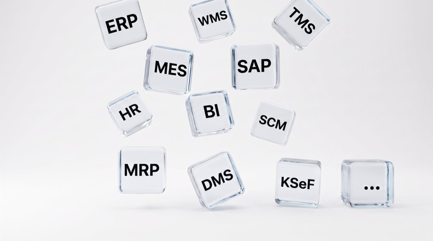 Kostki symbolizujące integrowane systemy: ERP, WMS, TMS, MES, SAP, HR, BI, SCM, MRP, DMS, KSeF